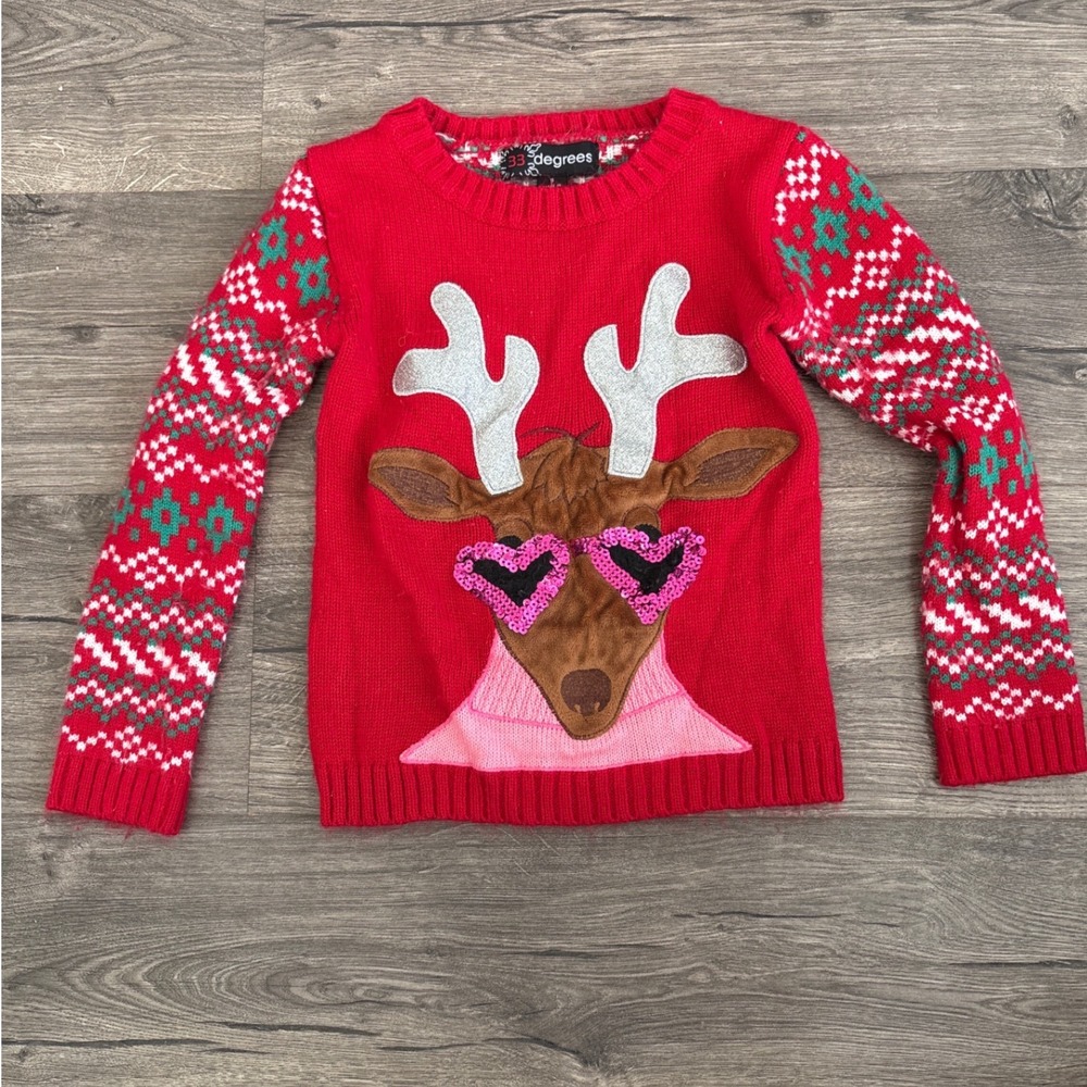 33 Degrees Girls‎ Red Reindeer Heart Sunglasses Ugly Christmas Sweater Size S